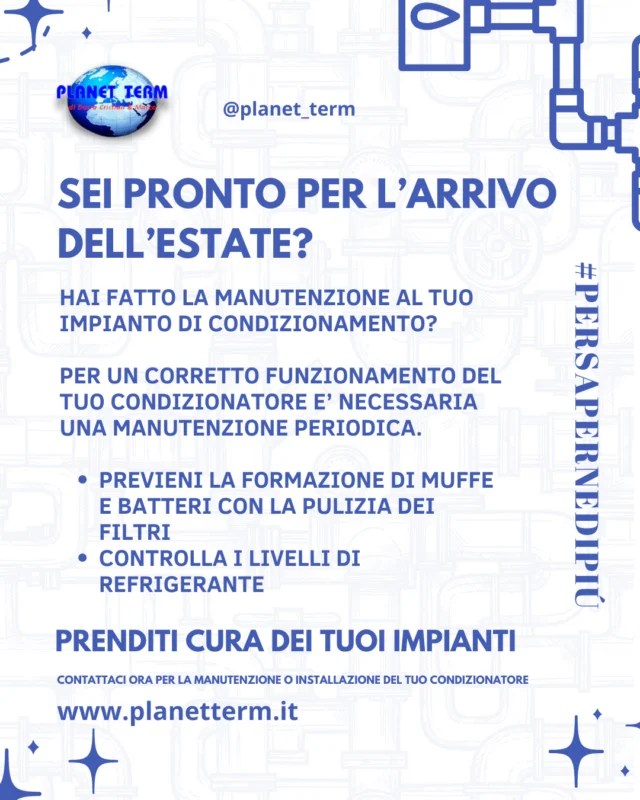 ☀️ Pronto per l’estate? ☀️

Hai già fatto la manutenzione del tuo impianto di condizionamento? Un controllo periodico è fondamentale per:

1️⃣ Prevenire la formazione di muffe e batteri grazie alla pulizia dei filtri

2️⃣ Verificare i livelli di refrigerante e assicurare la massima efficienza
Non aspettare il primo caldo torrido! Prenditi cura dei tuoi impianti e vivi un’estate fresca e confortevole.
Planet Term è qui per aiutarti con l’installazione e la manutenzione del tuo condizionatore.

📲 Contattaci ora su www.planetterm.it

#Manutenzione #Condizionamento #Estate #Comfort #PlanetTerm #impianti #termoimpianti